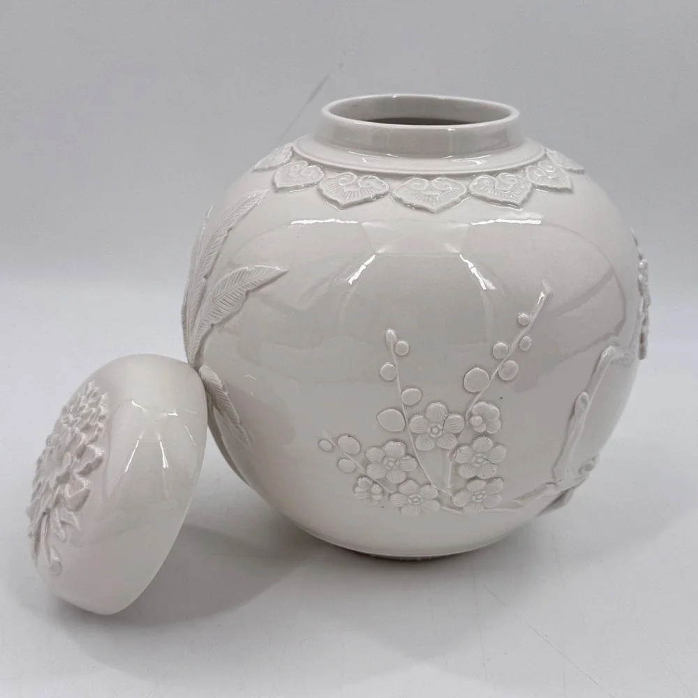 White Relief Porcelain Ginger Jar Rooster Floral Botanical Blanc de Chine